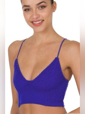 ZENANA SMOCKED TRIANGLE BRALETTE IN ROYAL BLUE, SIZE SMALL NWOT